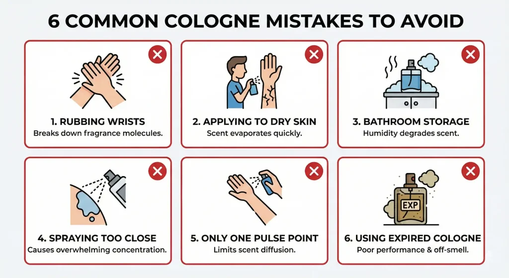 An infographic grid displaying six common cologne mistakes to avoid, including rubbing wrists together, applying to dry skin, and using expired fragrances.