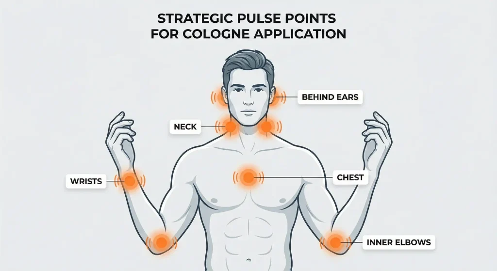 An illustration of a man's upper body highlighting the best strategic pulse points to apply cologne: behind ears, neck, chest, wrists, and inner elbows.