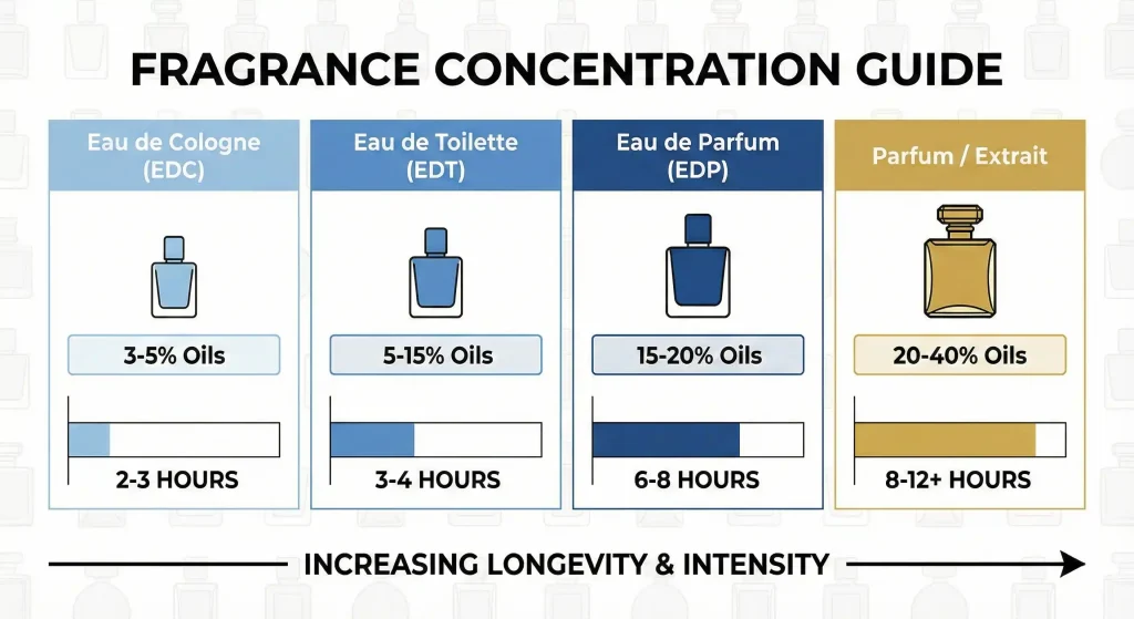 An infographic chart comparing fragrance oil concentrations and longevity hours for Eau de Cologne, Eau de Toilette, Eau de Parfum, and Parfum.