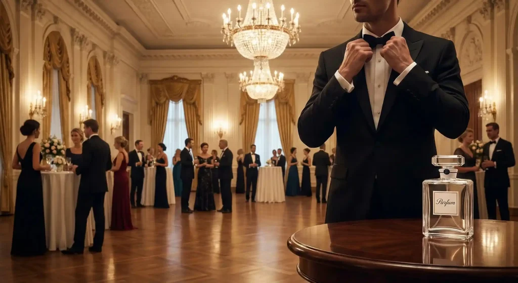 A man in a tuxedo adjusting his bow tie in a grand ballroom setting, with an elegant Parfum bottle on a wooden table in the foreground, indicating sophistication for a formal event.