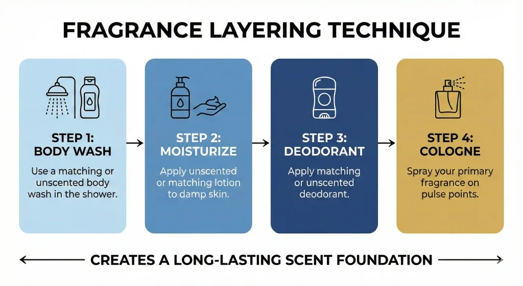 A four-step visual guide to fragrance layering, showing the progression from body wash to moisturizer, deodorant, and finally cologne application.