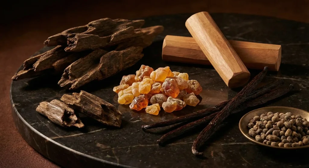 A moody and sophisticated display of long-lasting base note ingredients on a dark surface, featuring textured agarwood (oud) chips, smooth sandalwood logs, golden amber resin crystals, and dark vanilla pods.